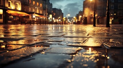 The rain soaked pavement reflects the cityscape, capturing the essence of urban life in the shimmering pools of water on the streets.