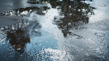 Puddles form on the pavement after rainfall, collecting raindrops and reflecting the surrounding environment, creating a serene and picturesque scene.