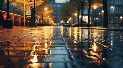 The rain soaked pavement reflects the cityscape, capturing the essence of urban life in the shimmering pools of water on the streets.