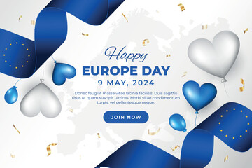 Happy Europe Day 9th May. Wavy ribbon flag on white background. Happy Europe independence day banner with balloons and flags
