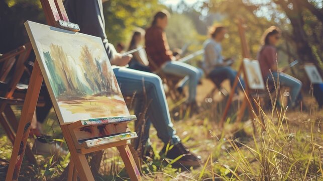 Group of people gathers outdoors to engage in collaborative painting activities, surrounded by nature's beauty, fostering creativity and connection.
