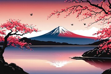 Mount Fuji majestically rising in background, framed by delicate cherry blossoms in full bloom, capturing essence of Japans natural beauty, cultural significance. For art, fashion, style, magazines.