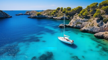 Beautiful beach with sailing boat yacht, Menorca island, Spain