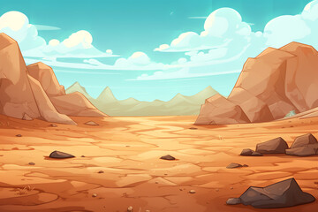 cartoon landscape background with desert, in the style of creased crinkled wrinkled, terracotta, flattened perspective, stone
