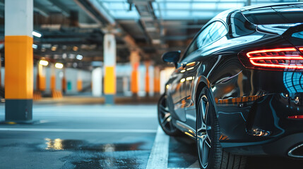 Car parked at outdoor parking lot. Used car for sale and rental service. Car insurance background. Automobile parking area