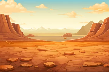 Zelfklevend Fotobehang cartoon landscape background with desert, in the style of creased crinkled wrinkled, terracotta, flattened perspective, stone © Nate