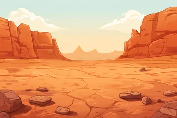 Muurstickers cartoon landscape background with desert, in the style of creased crinkled wrinkled, terracotta, flattened perspective, stone © Nate