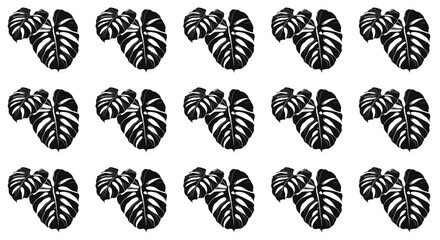 A stark black and white repeating pattern of monstera leaves, offering a modern and tropical feel, suitable for contemporary decor themes