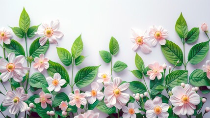 scattered spring flowers on white background, top view with copy space - 782449068