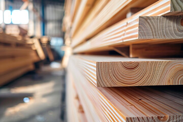 Piles of new wooden boards, planking. Warehouse for industrial wood. Stack of wooden blanks construction material. Industry wood close up - 782449084