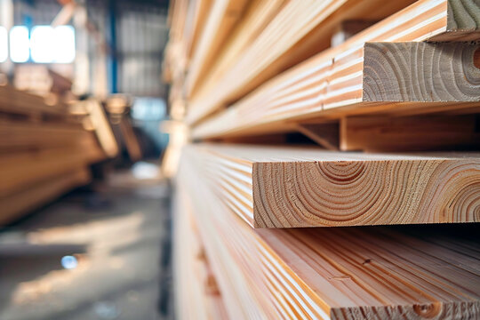 Piles of new wooden boards, planking. Warehouse for industrial wood. Stack of wooden blanks construction material. Industry wood close up
