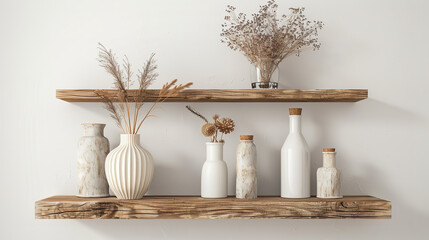 Fototapeta na wymiar collection Set of two styles of Livingroom natural teak wood shelf with vases setup