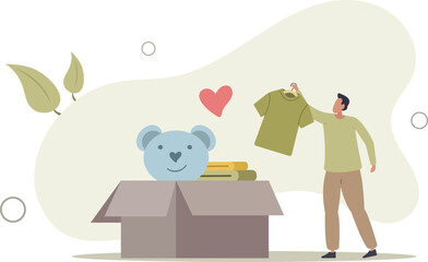 a volunteer packs clothes and toys for the disadvantaged. concept of helping those in need.flat vector illustration.