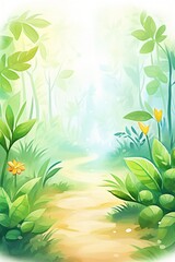Jungle Pathway, Mysterious jungle pathway, lush foliage & light beams, cartoon drawing, water color style.