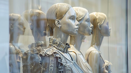 Female mannequins on a white background. Shop window. Women dolls. Fashion