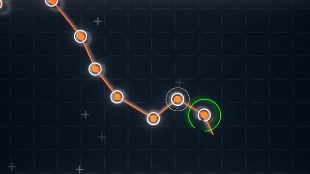 Animated financial chart with declining orange line with data points and circles on dark grid. Ideal for business presentations or visualizing economic downturns. Ultra HD 4K 3840x2160 Animation
