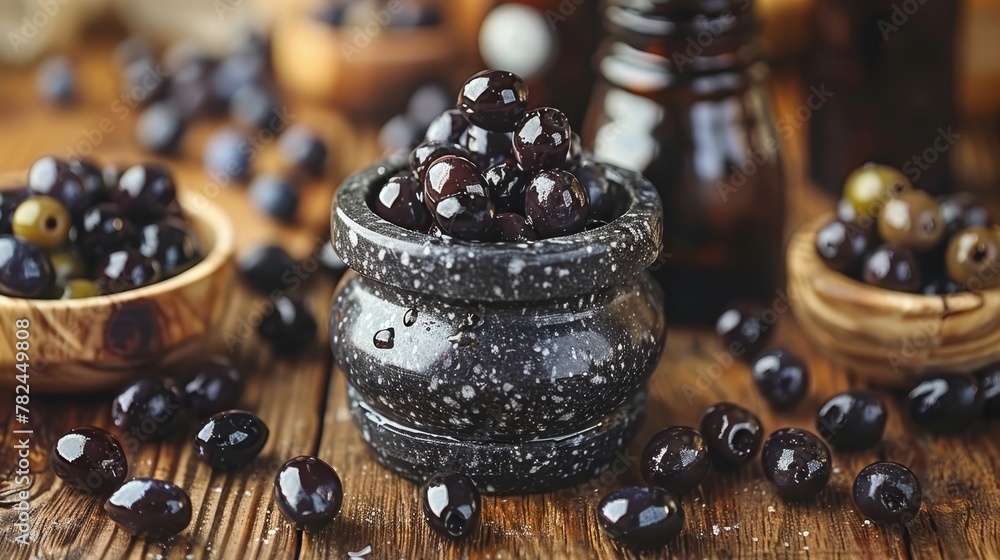 Poster   A jar of black olives rests on a wooden table, beside a bowl of olives