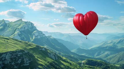 A red heart shaped balloon is flying gracefully over a majestic mountain range. The vibrant balloon stands out against the backdrop of the rugged mountains.