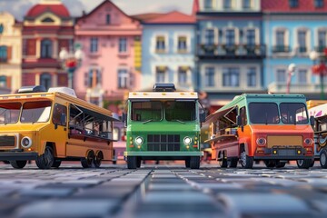 Obraz premium Classic fusion cuisine food trucks parked against a blurred building background, offering a blend of old and new culinary delights.