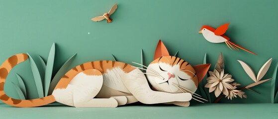 A cat sleep side by side birds in a 3D paper cutout scene, symbolizing an unlikely friendship that defies nature's cold logic. - obrazy, fototapety, plakaty