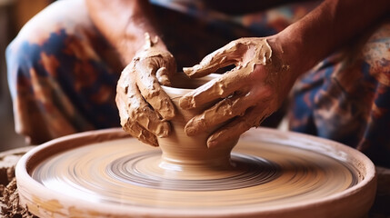 Hands of potter making clay pot. Close up process shot of a potter's hands shaping clay on a pottery wheel