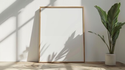 Blank a4 wood frame mockup interior background, circular motion, 3d rendering. living room. Vertical painting plaque mockup. Clear table border with canvas panel template