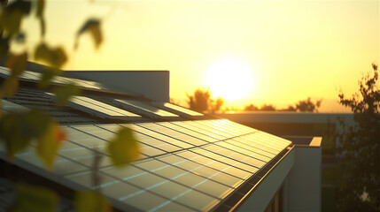 Sunset over the roof of house with photovoltaic panels. 