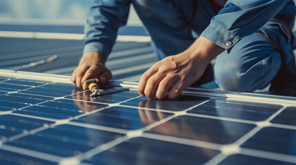 Close-up of the hands of a man installing photovoltaic panels.