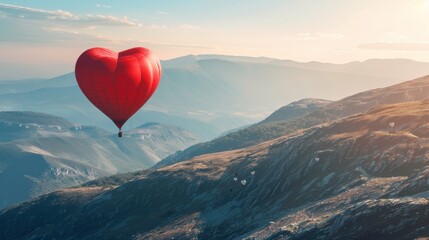A heart shaped balloon is seen flying gracefully over a majestic mountain range, with the peaks stretching far into the distance under a clear blue sky.