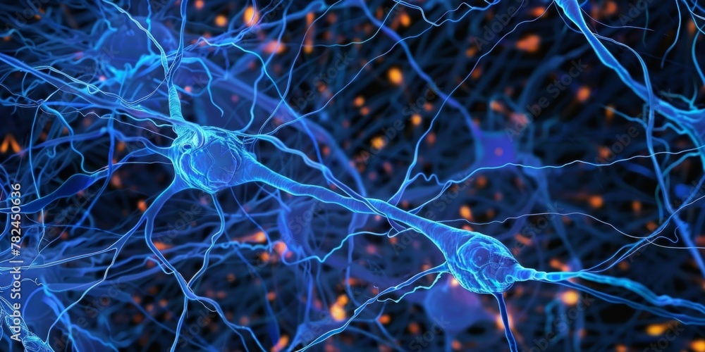 Poster digital illustration of a neural network with blue neurons and glial cells, abstract background to i