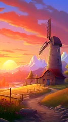 Fotobehang sunrise in rural countryside with windmill and small house or farm, in the style of speedpainting © Nate