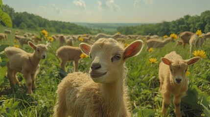 Obraz premium A herd of sheep grazes on a lush green field Adjacent stands a vibrant expanse of yellow sunflower field