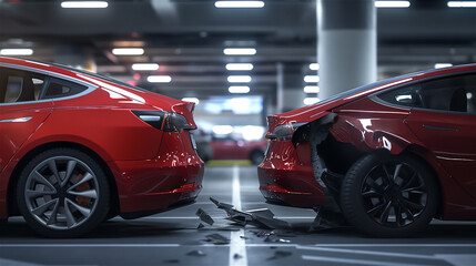 Small accident on a car parking. - obrazy, fototapety, plakaty
