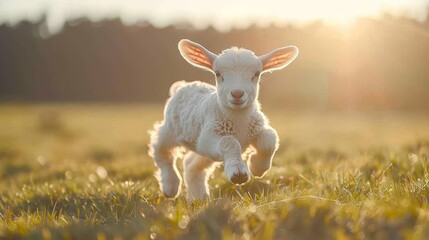   A tiny white lamb sprints across a verdant meadow, sun rays filtering through towering green trees