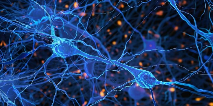 Digital illustration of a neural network with blue neurons and glial cells, abstract background to illustrate concepts of neuroscience and connectivity