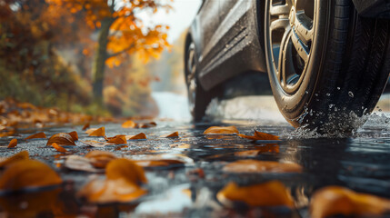 A close-up of the wheel of a car driving on a muddy autumn road full of falling leaves.