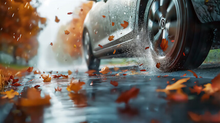 A close-up of the wheel of a car driving on a muddy autumn road full of falling leaves.