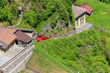 Reichenbachfall funicular (Reichenbachfall-Bahn) from Willigen, near Meiringen, to the famous Reichenbach Falls, Switzerland - obrazy, fototapety, plakaty