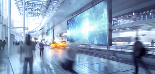 A futuristic, holographic billboard mockup at a central transportation hub, with blurred figures of...