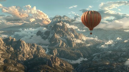 A hot air balloon is seen flying gracefully over an expansive mountain range, showcasing the beauty of nature. The vibrant balloon contrasts against the rugged peaks, creating a stunning visual