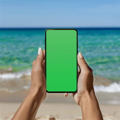 Woman holding a smartphone with green blank screen on the beach.