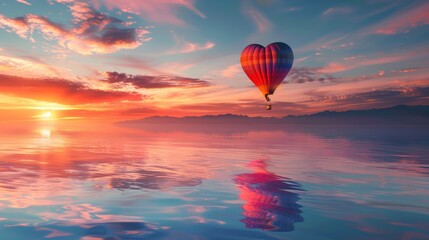 A hot air balloon shaped like a heart is soaring gracefully over a vast body of water, creating a stunning visual contrast against the blue sky and reflecting in the tranquil water below.