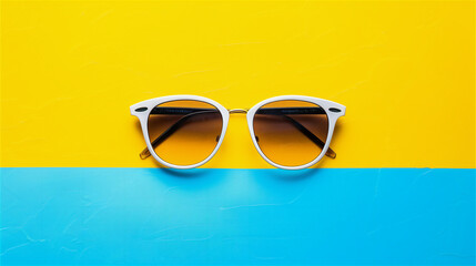 Sunglasses on the yellow and blue minimalist background.