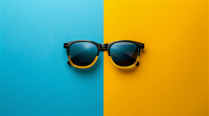 Sunglasses on the yellow and blue minimalist background.