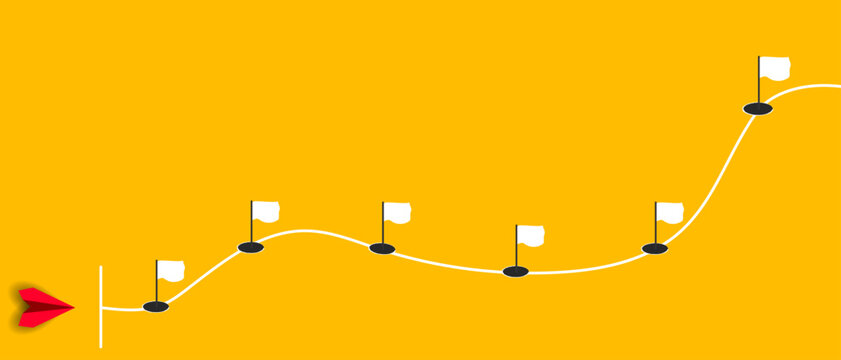 Red plane ready to fly on milestones.
New business journey, career milestones, start success, win, overcome, achieve goals.