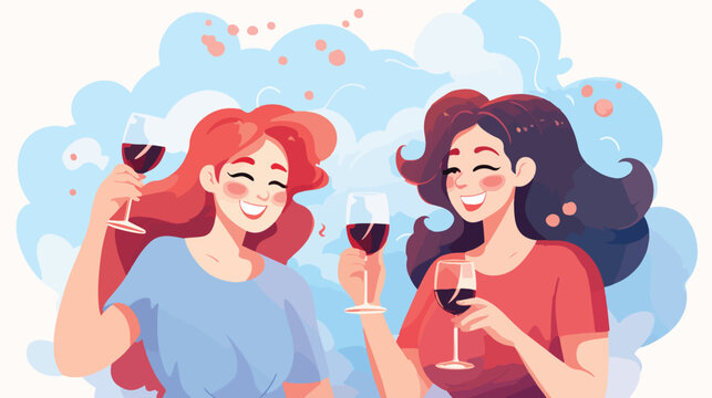 Cheerful women drinking wine together. Drink glass