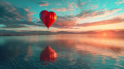 A red hot air balloon, shaped like a realistic heart, is soaring above a body of water. The vibrant balloon stands out against the blue sky and reflects on the calm water below.