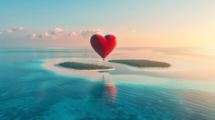 A heart-shaped balloon is seen floating above a small island. The balloon is brightly colored and stands out against the blue sky and lush greenery of the island below.