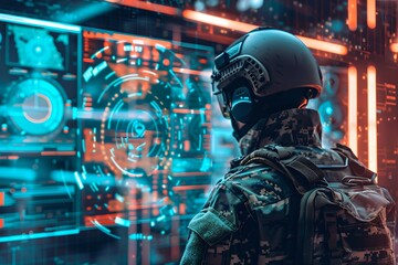 Soldier viewing data on a holographic display. Futuristic digital interface, HUD. Future technology. Virtual reality and augmented reality. Armed forces concept. 
