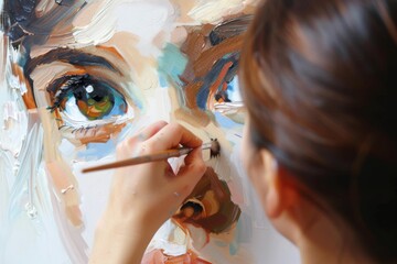 Woman using brush to paint face with cosmetics for a makeover portrait